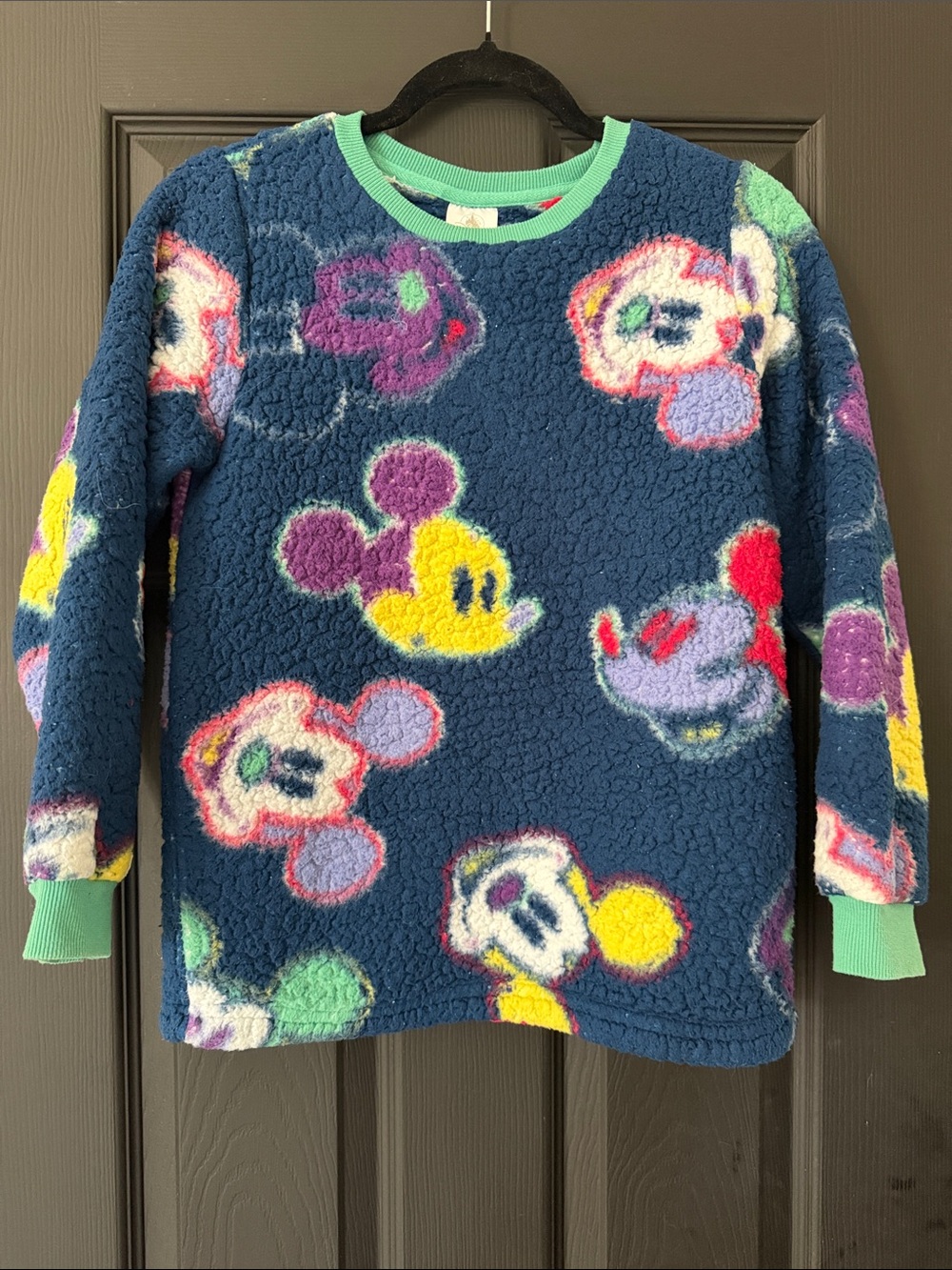 Disney Navy Plush Mickey Pattern Sweatshirt with Mint Trim